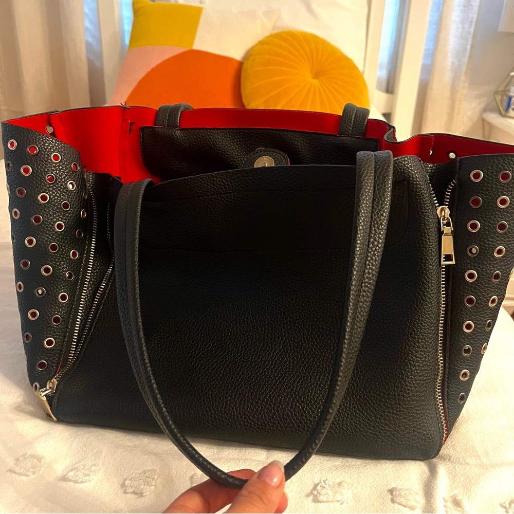 Black and Red Faux Leather Zipper Tote Bag